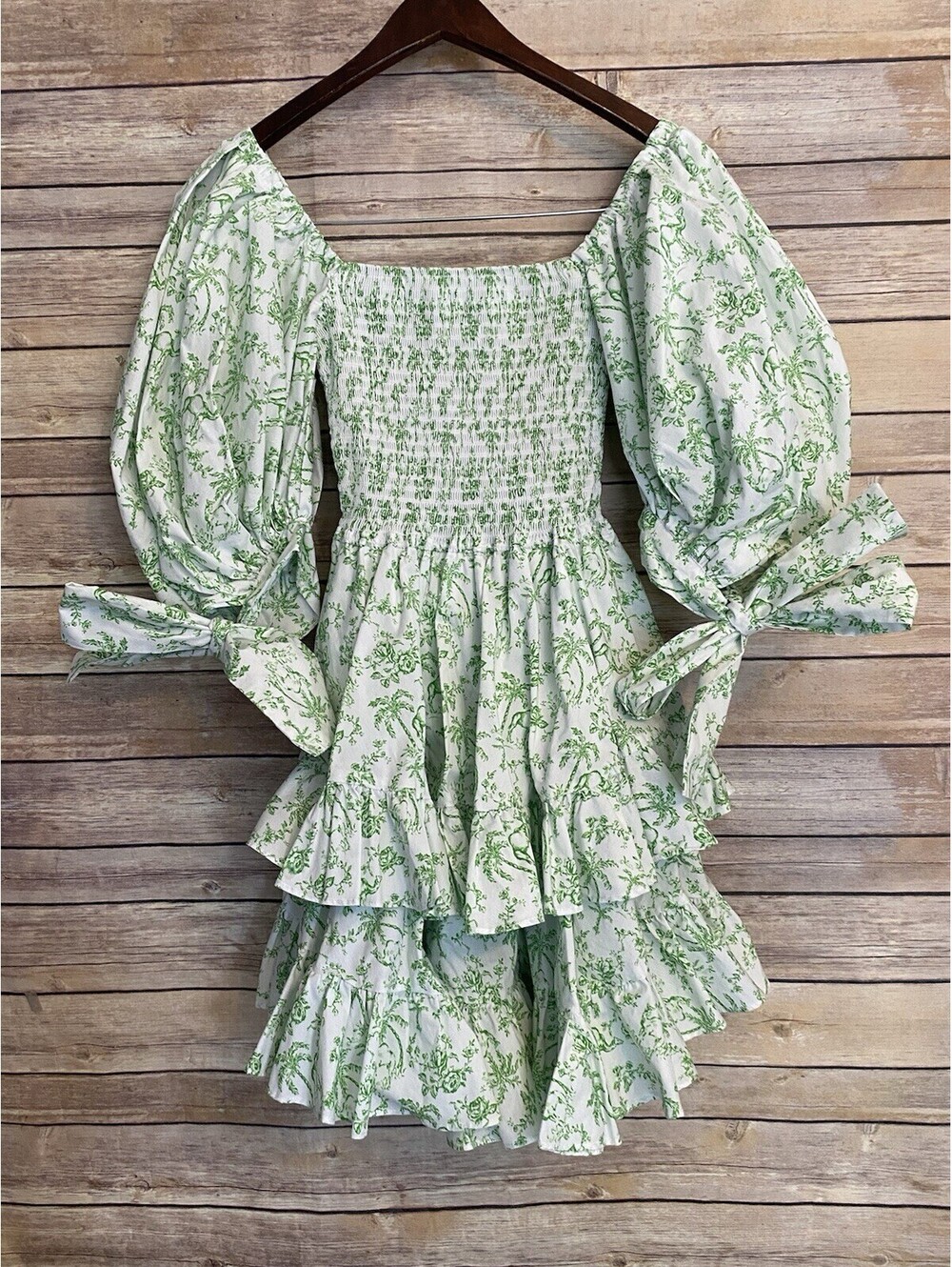 Caroline Constas Kaia Mini Dress Green Floral Party Size XS Bows Ruffles